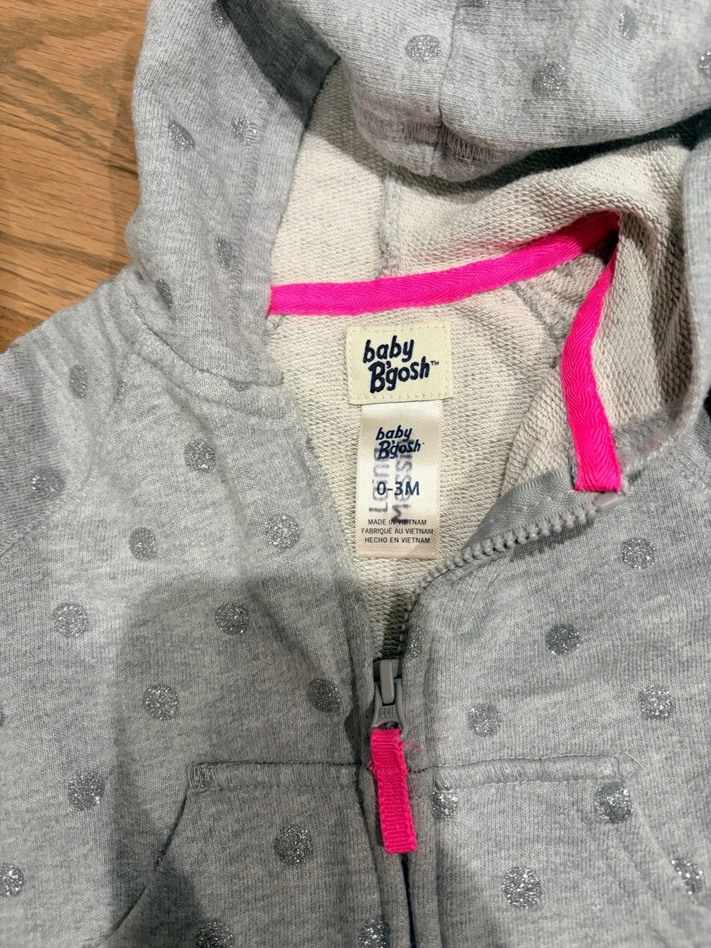 Baby Bigosh little girls gray zip up hoodie, sparkly silver polka dots